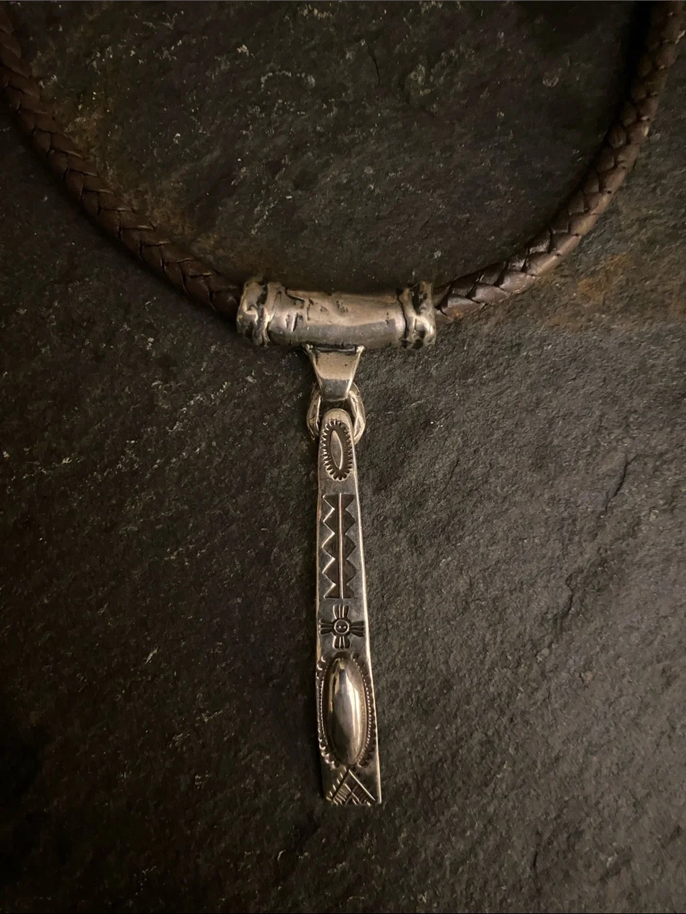 Sterling silver  Tribal Pendant Necklace - Brown Leather